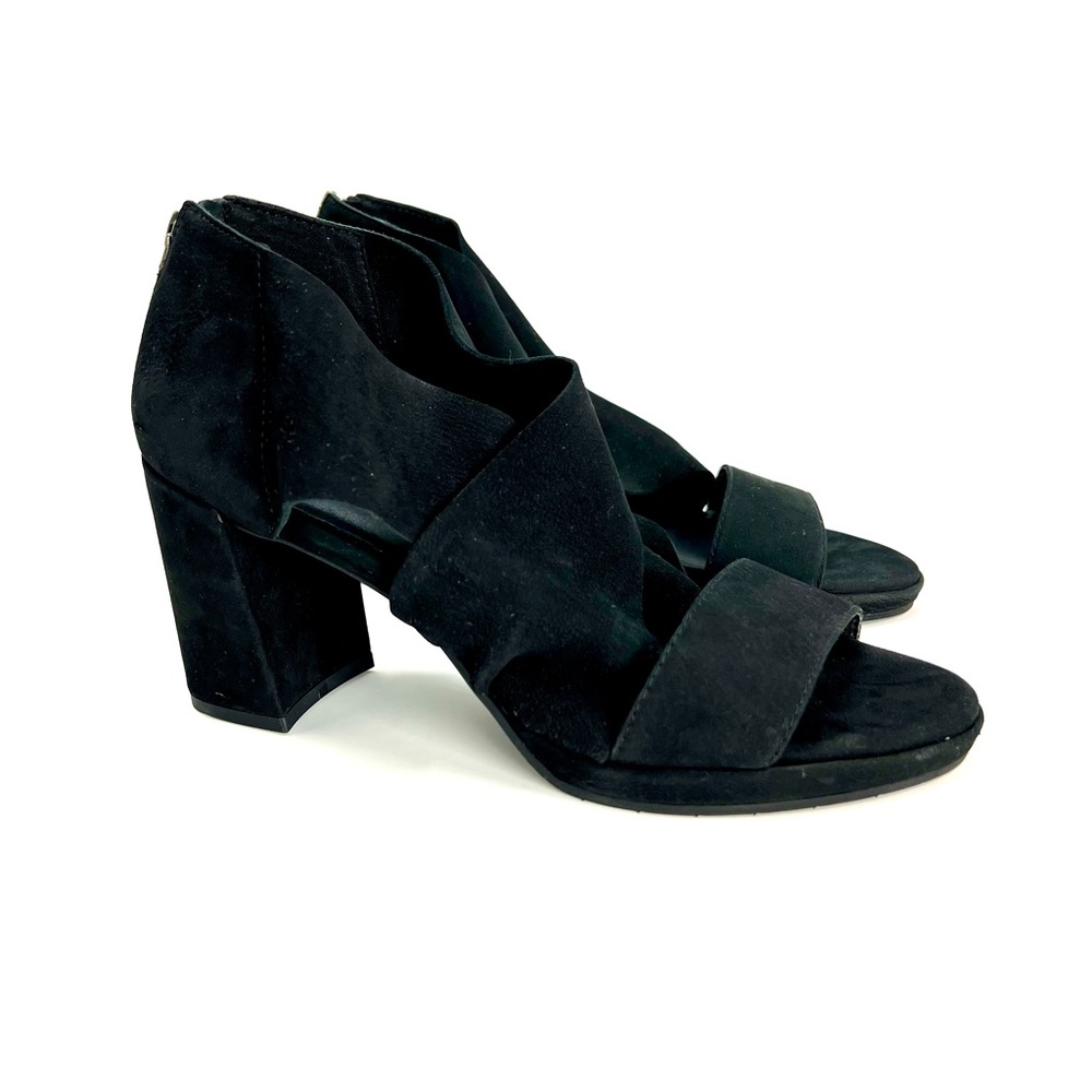 Eileen Fisher Marla Sandals Black Suede Leather Block Heels Womens 7.5 Classic